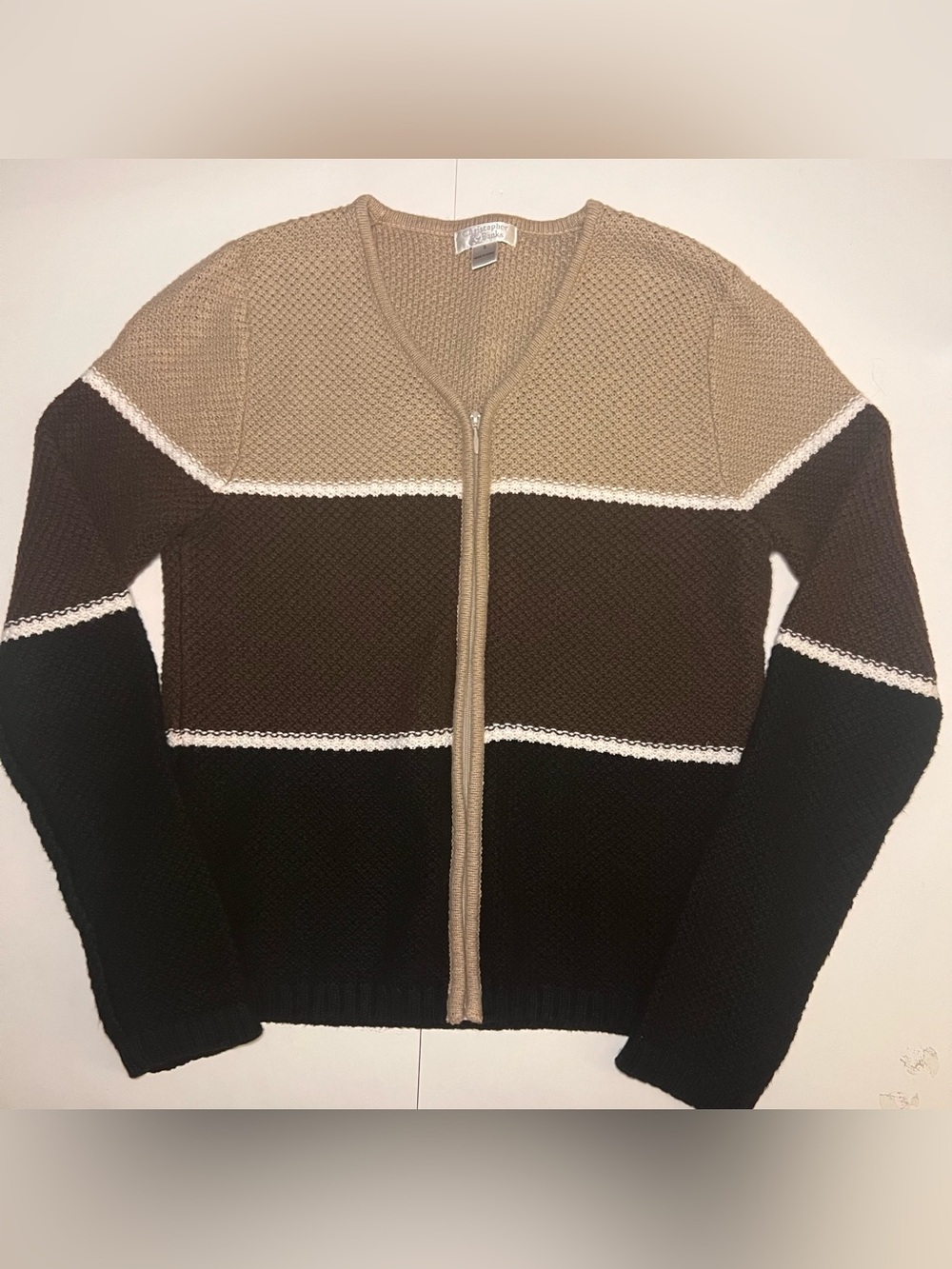 Christopher & Banks Beige, Brown & Black Colorblock Zip Cardigan